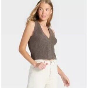 Universal Thread Women’s M Button Front Sweater Vest Brown V-Neck Cropped Knit